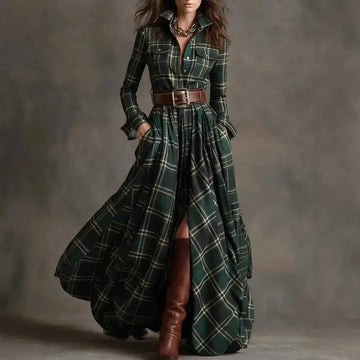 French Retro Plaid Dress - Plus Size Belted Waist Irregular Hem Dress Meifu Market