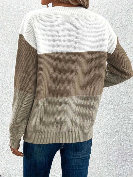Pullover Knitted Sweater Fashion Round Neck Splicing Knitwear Loose Top Women's Clothing Meifu Market