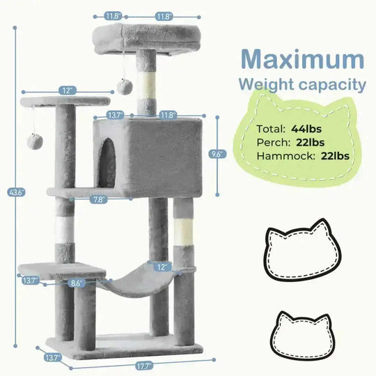 44 Inch Cat Tree Tower, Multi-Cat Climbing Tower With, Natural Sisal Scratching Posts, Extended Platform, Hammock Meifu Market