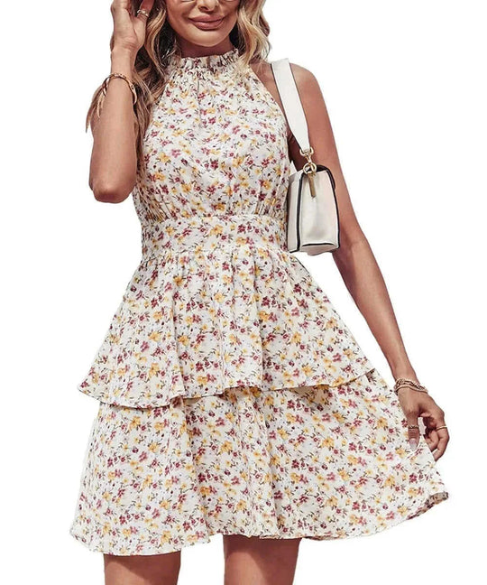 backless summer dress | boho printed halter dress | ruffle trim beach dress | ultrasonic cleaning