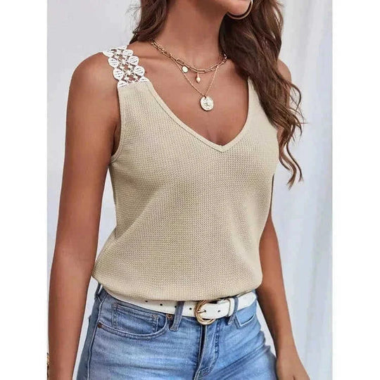 waffle knit fabric tank top | v-neck sleeveless summer top | lace trim vest top | ultrasonic cleaning