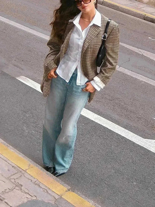 elegant plaid blazer for women | wool blend blazer jacket | office work blazer with pockets | ultrasonic cleaning