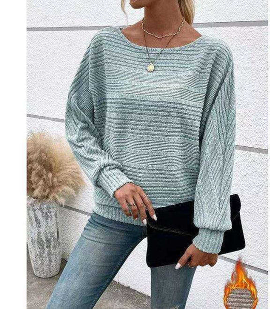 Solid Striped Batwing Sleeves T-shirt Fashion Casual Pullover Round Neck Long Sleeve Top Spring And Autumn Women's Clothing Meifu Market