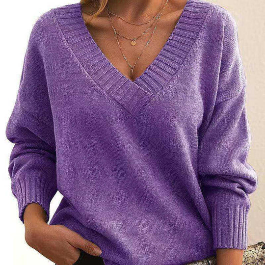 Solid V-neck Sweater Fashion Loose Long-sleeved Knitted Tops Autumn And Winter Women's Clothing Meifu Market