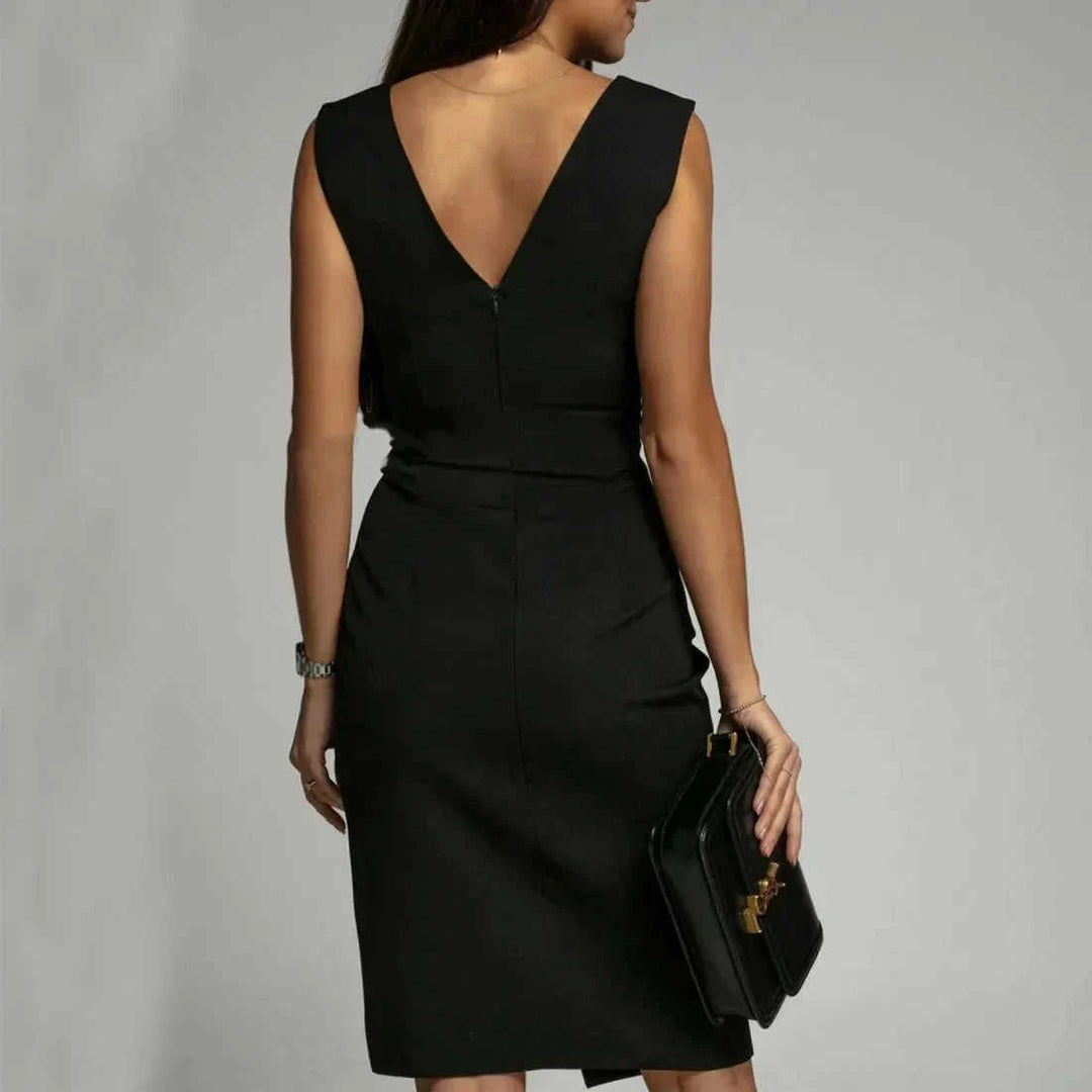 stretchable polyester fabric | high-waisted midi dress | adjustable side splits | energy saving