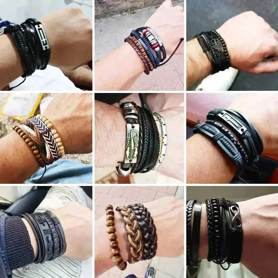 braided leather bracelet for men | vintage charm wood beads | adjustable wrap wristband | energy saving