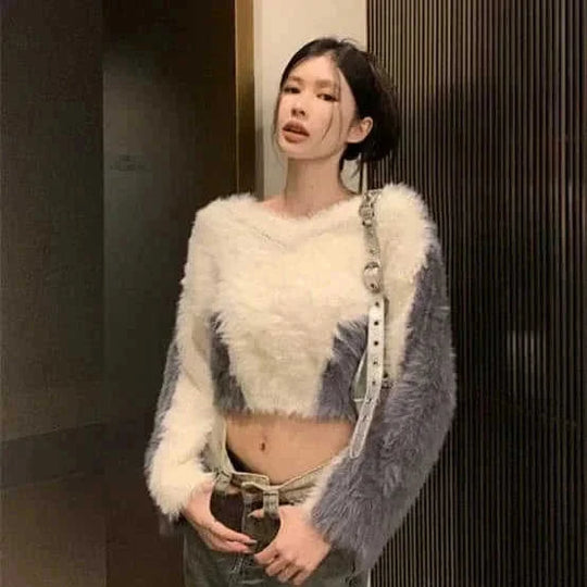mink fur blend sweater | v-neck short sleeve top | soft acrylic knitwear | energy saving