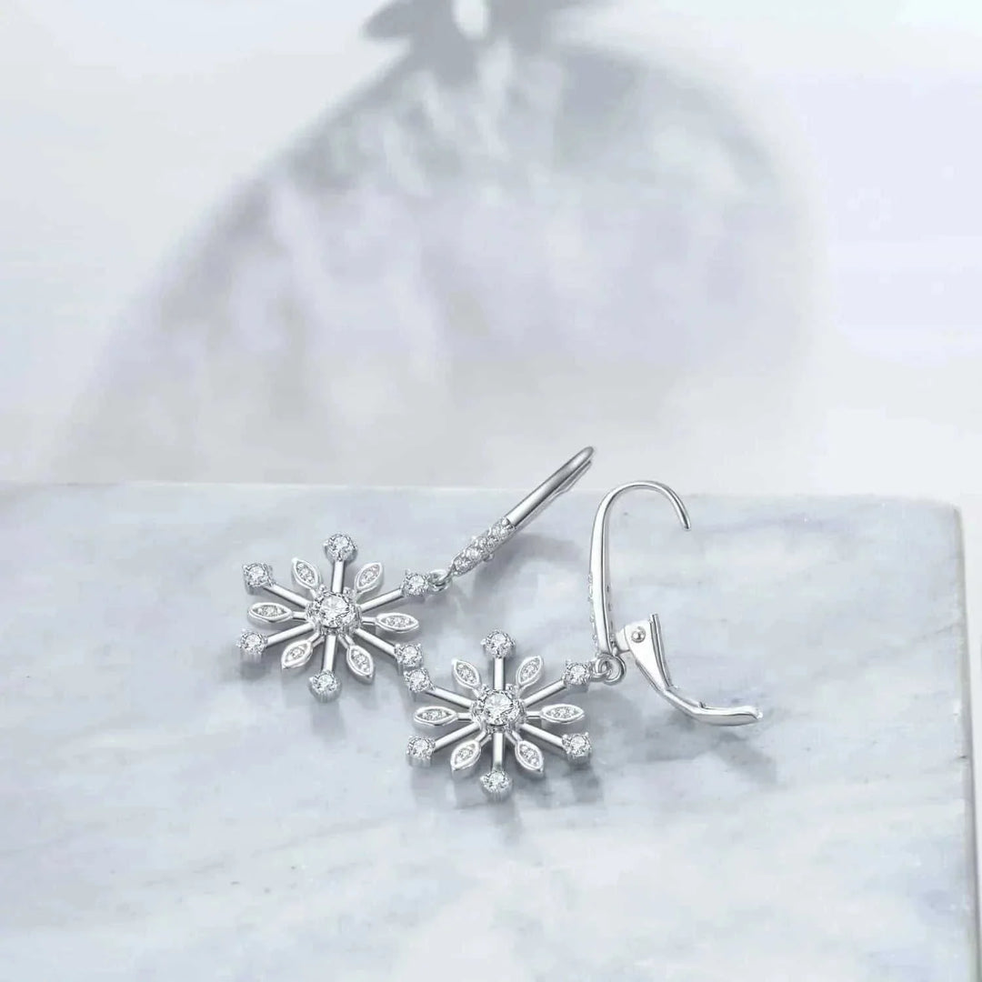 sterling silver leverback earrings | zirconia snowflake dangle earrings | hypoallergenic silver jewelry | energy saving