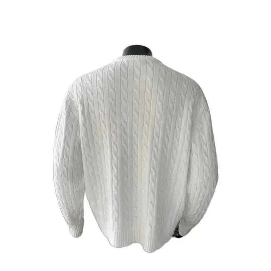 Retro Twist Round Neck Sweater Loose Casual Sweater - back view (material: polyester | color: white, navy | pattern: check)