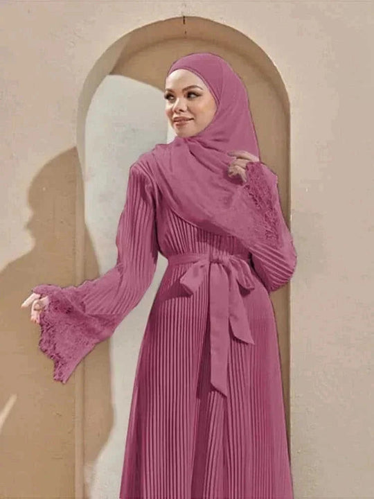 modest lace abaya | pleated kaftan dress | long sleeve prayer dress | energy saving