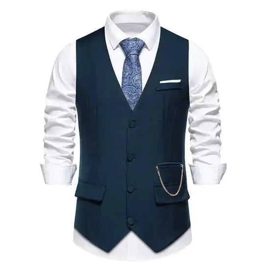 New Men's Solid Color Suit V-neck Single Breasted Chain Vest Navy Blue - side view showing details