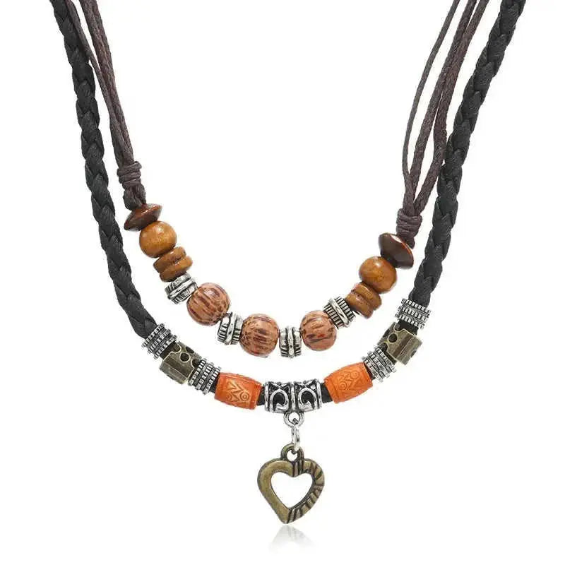 Gothic Layered Necklace - Vintage Coin Pendant Leather Beaded Prayer Jewelry 45505 - scale comparison view