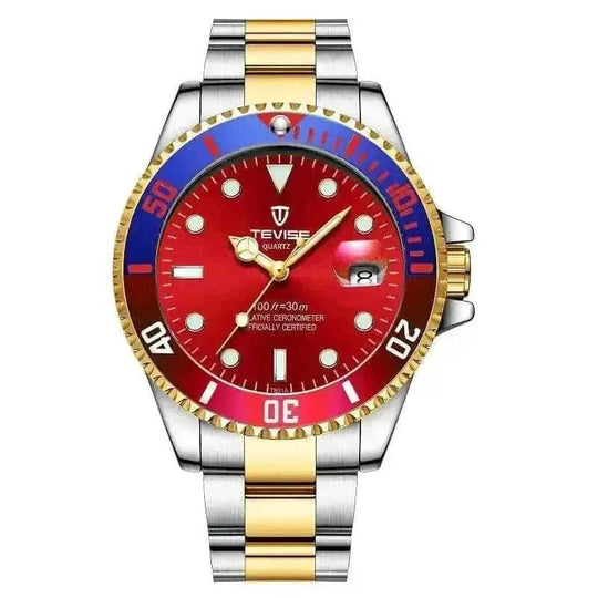 Mens Watches TEVISE Quartz Wrist Watch Waterproof Sport Business Gold Blue - packaging and presentation
