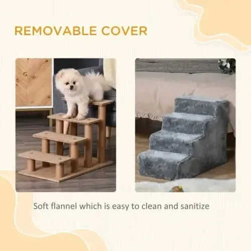 PawHut Four-Step Dog Stairs, With Washable Plush Cover, For High Bed Sofa, Dog Stairs For Small Dog And Cat - Light Grey Meifu Market