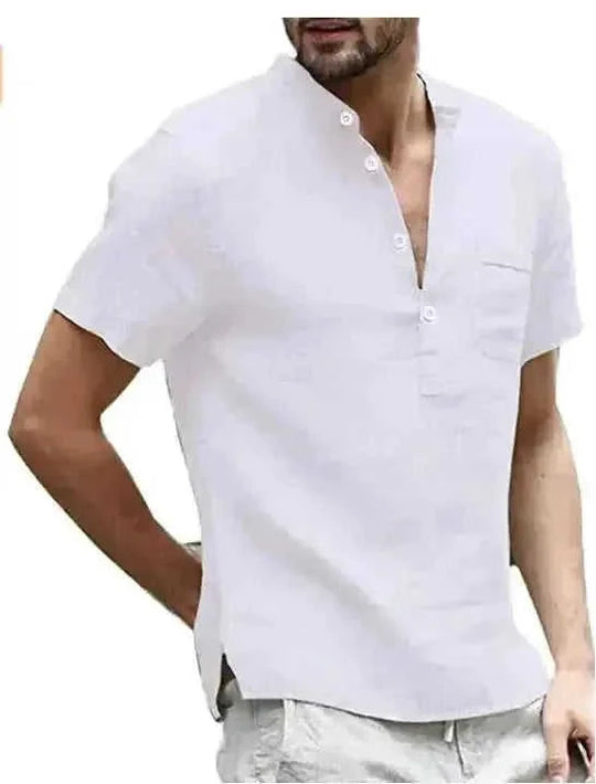 Casual Linen Solid Color Shirt Button V Neck Beach Shirt Men Summer Tops - Meifu Market