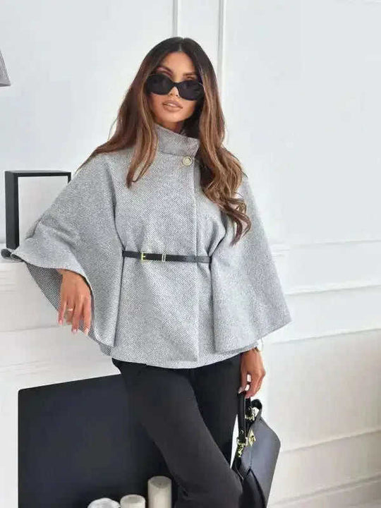 New Stand Collar Batwing Sleeves Cloak Top With Belt Ins Fashion Temperament Jacket Woolen Sweater Outwear For Women Cloth...