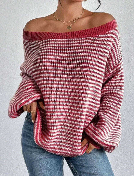 Women's Off-neck Shoulder-baring Sweater Contrast Color Meifu Market