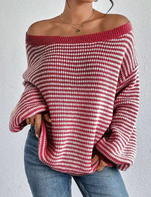Women's Off-neck Shoulder-baring Sweater Contrast Color Meifu Market
