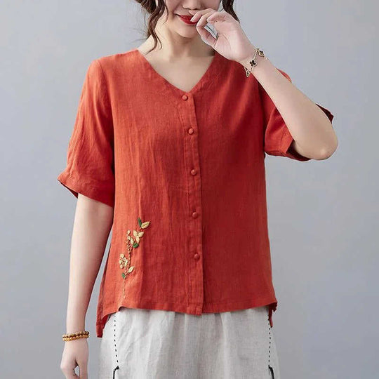 Women's Retro Linen Solid Color Short-sleeved T-shirt Meifu Market