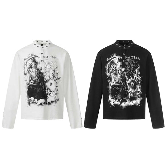 New American-style Retro Dark-themed Trendy Printed Mens Long-sleeve Shirt White - new american-style retro dark-themed tr...