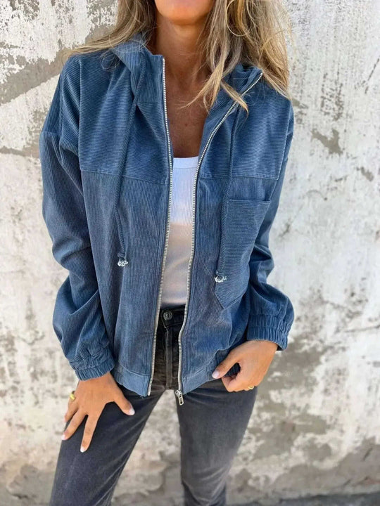 Corduroy Hooded Zip-up Jacket With Pockets Fashion Casual Drawstring Tops Outerwear Women's Clothing Meifu Market