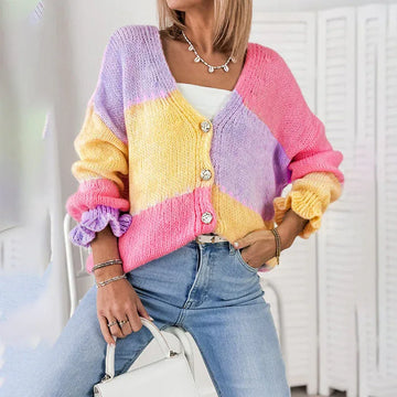 Women's Color Block V Neck Button Front Knit Cardigan Sweater Outerwear Meifu Market