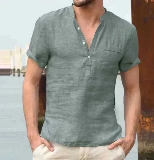 Casual Linen Solid Color Shirt Button V Neck Beach Shirt Men Summer Tops - Meifu Market