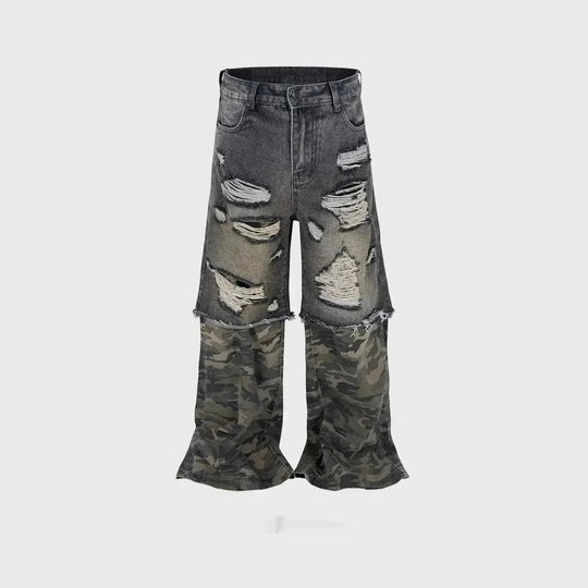 Camouflage Stitching Micro-pull Wide Leg Ripped Ripped Jeans - Meifu Market