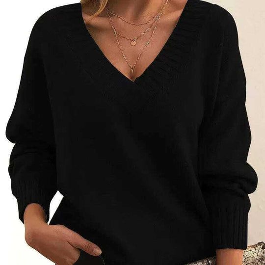 Solid V-neck Sweater Fashion Loose Long-sleeved Knitted Tops Autumn And Winter Women's Clothing Meifu Market