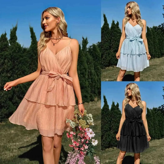 stretch fabric v-neck dress | adjustable waist strap dress | midi length summer dress | energy saving