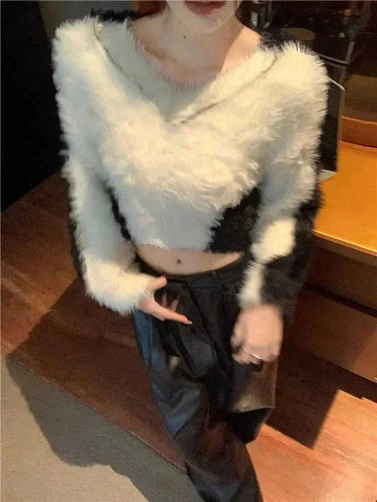 mink fur blend sweater | v-neck short sleeve top | soft acrylic knitwear | energy saving