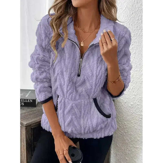 Contrast Color Half-open Collar Plush Women's Sweater Meifu Market