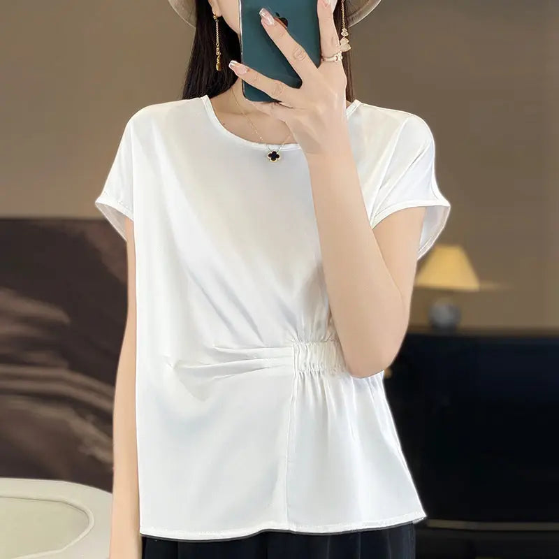 Crew-neck Simple All-match Drawstring Short-length Short-sleeve T-shirt M - lifestyle usage image