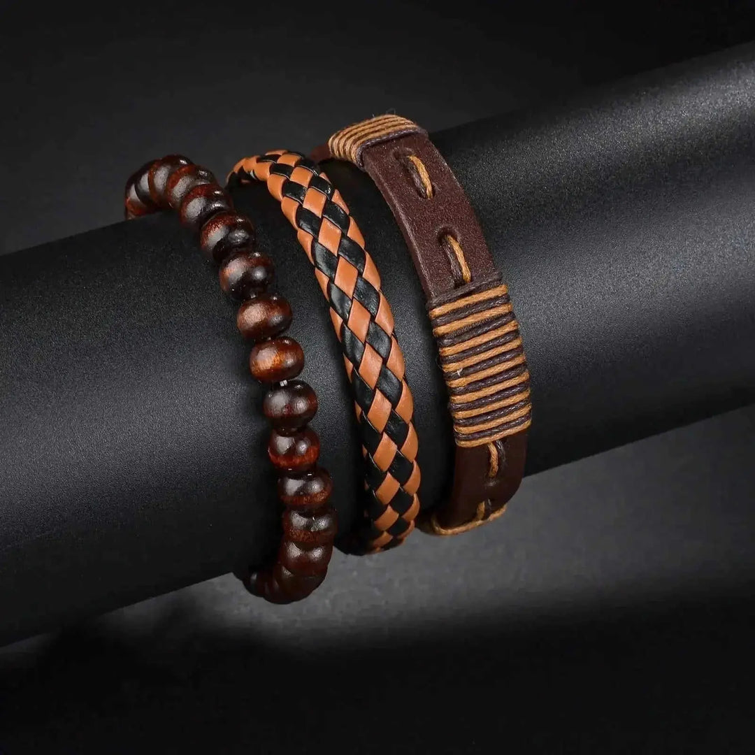 braided leather bracelet for men | vintage charm wood beads | adjustable wrap wristband | ultrasonic cleaning