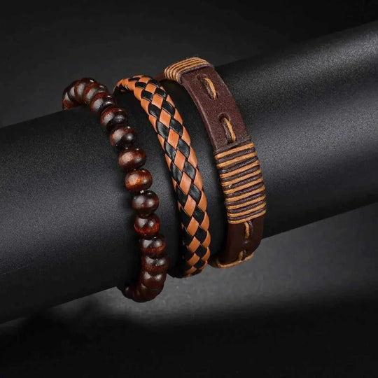 braided leather bracelet for men | vintage charm wood beads | adjustable wrap wristband | ultrasonic cleaning