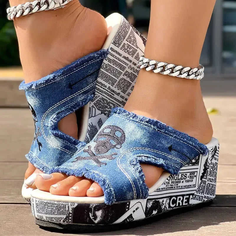 Newspaper Skull Original Hem Platform Wedge Slides - Anklet Not Included Meifu Market