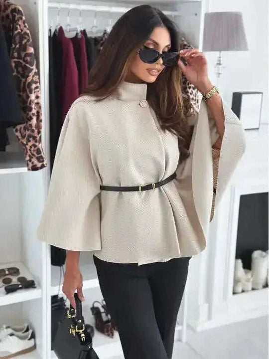 New Stand Collar Batwing Sleeves Cloak Top With Belt Ins Fashion Temperament Jacket Woolen Sweater Outwear For Women Cloth...