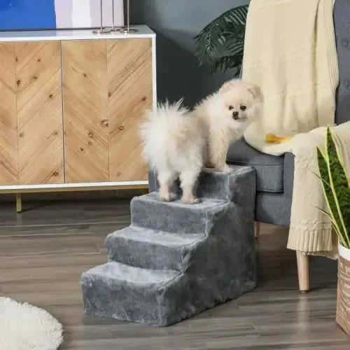PawHut Four-Step Dog Stairs, With Washable Plush Cover, For High Bed Sofa, Dog Stairs For Small Dog And Cat - Light Grey Meifu Market