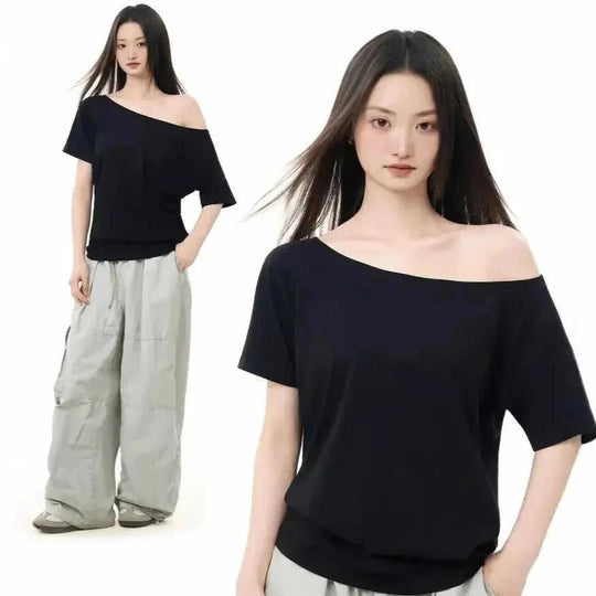 loose oblique shoulder top | short sleeve womens blouse | breathable cotton fabric | energy saving