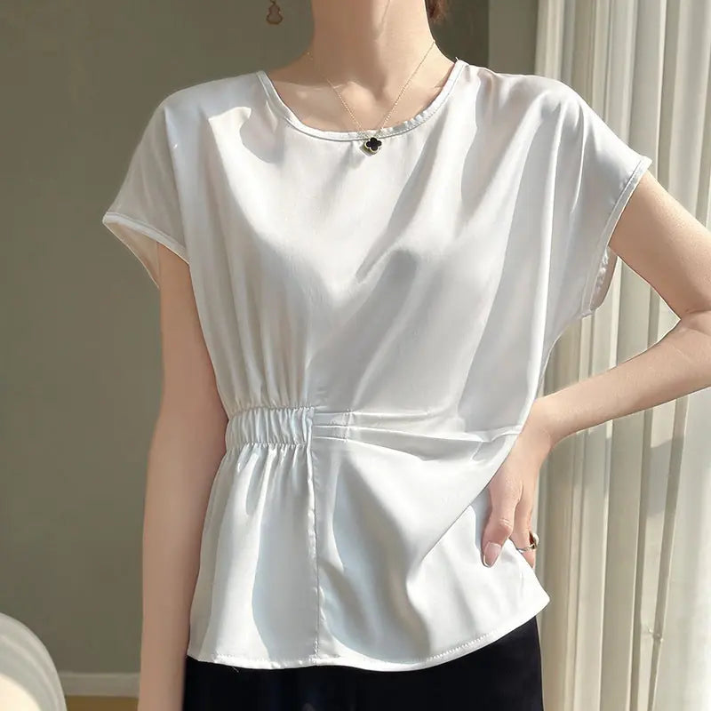 Crew-neck Simple All-match Drawstring Short-length Short-sleeve T-shirt M - angle view with 2 pk air cloud jersey meet and...