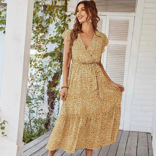 ruffle cap sleeve dress | v-neck wrap belt dress | boho floral maxi dress | energy saving