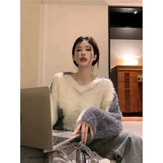 mink fur blend sweater | v-neck short sleeve top | soft acrylic knitwear | energy saving