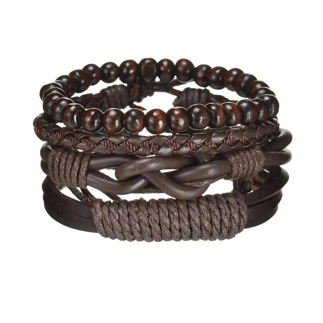 braided leather bracelet for men | vintage charm wood beads | adjustable wrap wristband | ultrasonic cleaning