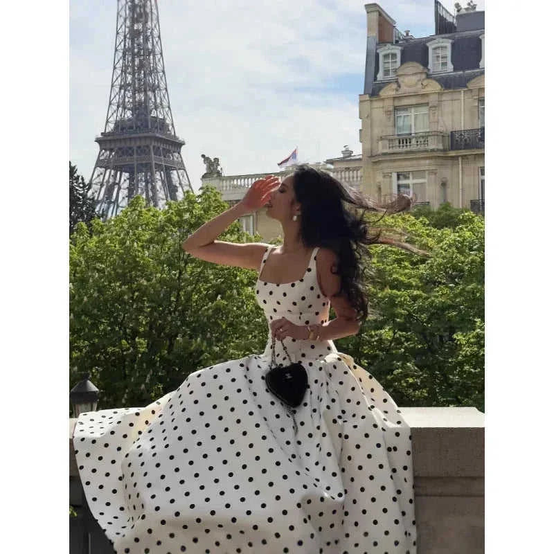 square collar dress | polka dot swing dress | cinched pleated dress | energy saving