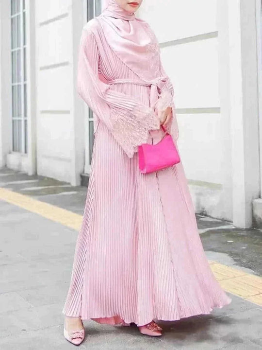 modest lace abaya | pleated kaftan dress | long sleeve prayer dress | energy saving