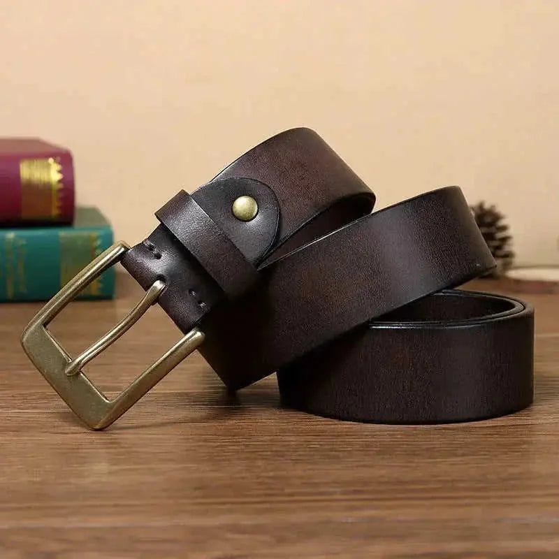 handmade pure copper buckle | full-grain cowhide leather belt | solid brass hardware construction | energy saving