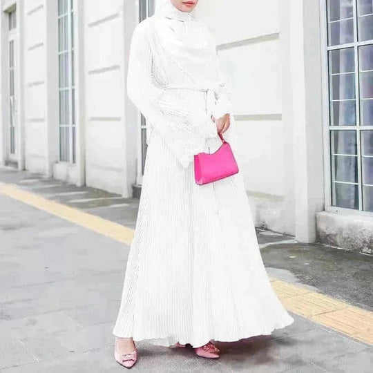 modest lace abaya | pleated kaftan dress | long sleeve prayer dress | ultrasonic cleaning