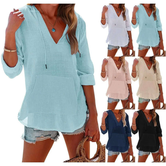 V-neck Hooded Shirt With Pockets Fashion Sports Long-sleeved Split Shirts Tops For Women Clothing Meifu Market