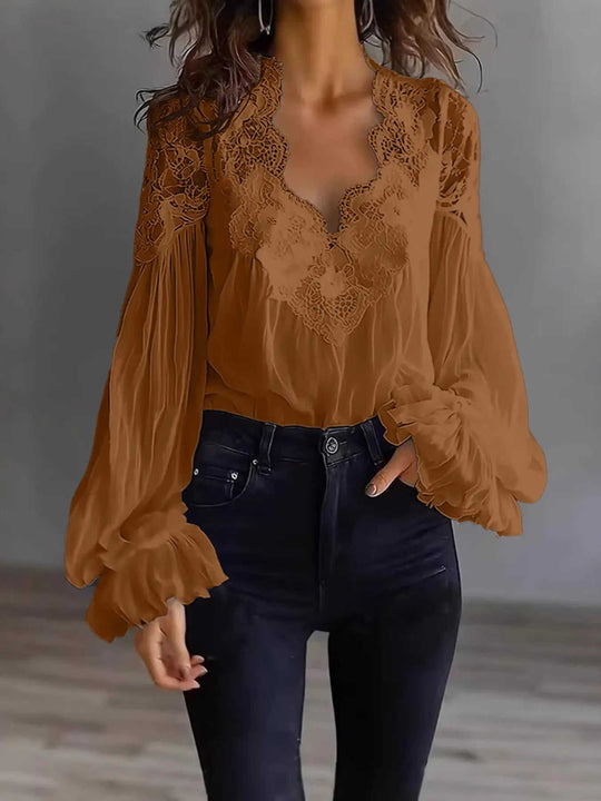 Women's Lace-Panel Puff-Sleeve Pleated Shirt - Meifu Market