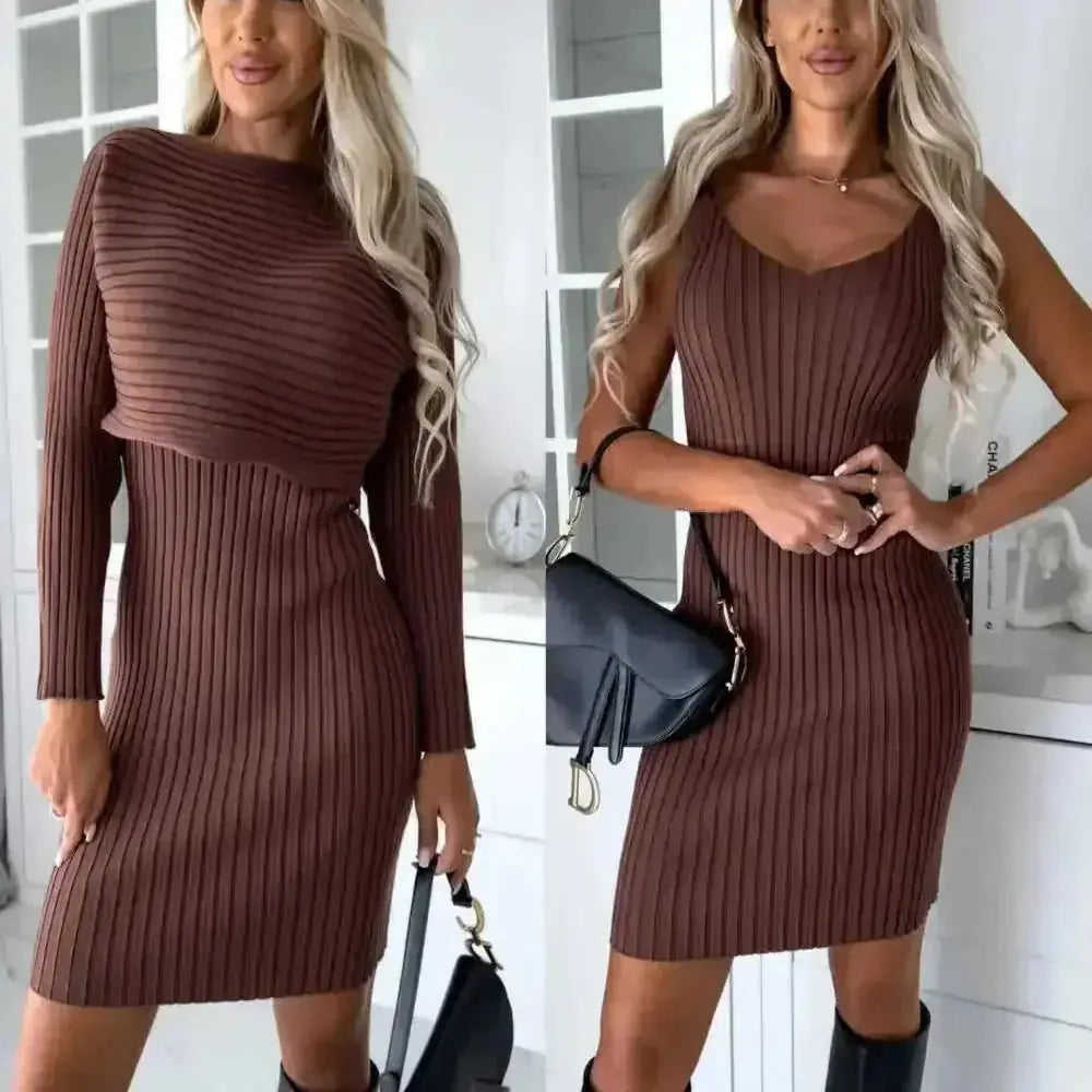 2pcs Suit Women's Solid Stripe Long-sleeved Top And Tight Suspender Skirt Fashion Autumn Winter Slim Clothing Meifu Market